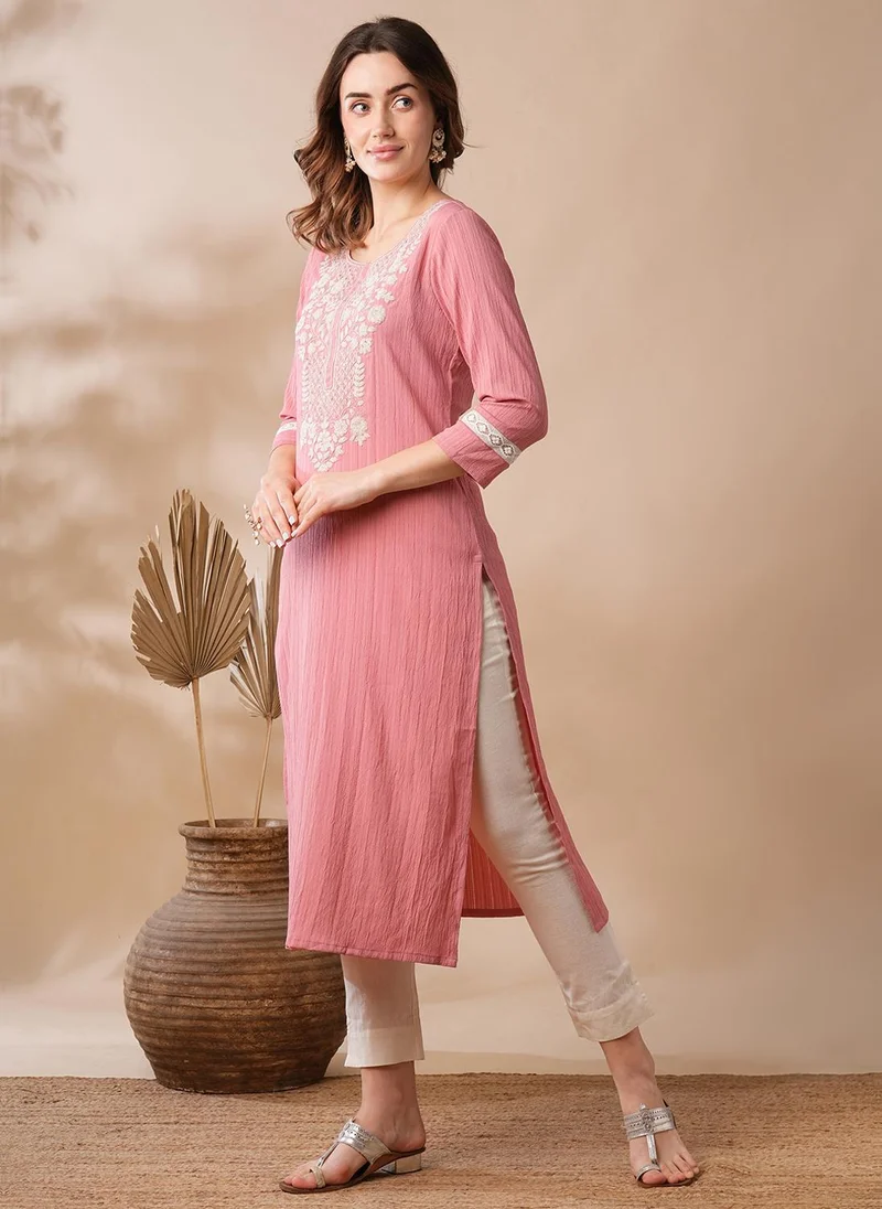 globus  Globus Women Sequinned & Floral Embroidered Yoke Structured Fabric Straight Workwear Kurta for Women | Best Price UAE